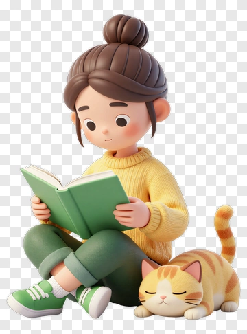 3D Girl Reading A Book With A Cat PNG