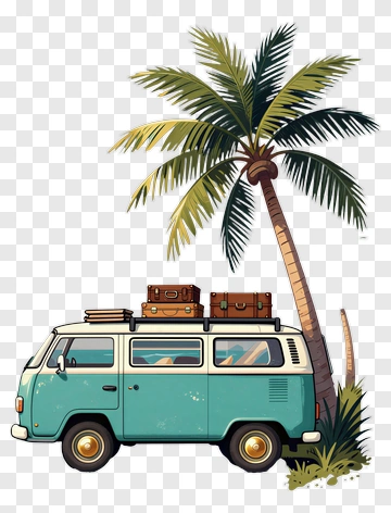 Vintage Van With Luggage Beside A Palm Tree PNG