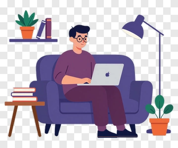 Young Man Working On A Laptop In A Cozy Living Room PNG