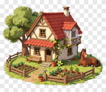 Cozy Farmhouse With Garden And Horse PNG