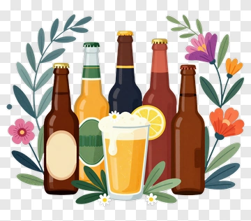 Colorful Beer Bottles And Glass With Flowers PNG