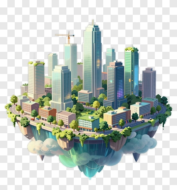 3D Floating City With Greenery And Clouds PNG