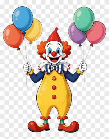 Cartoon Clown Holding Colorful Balloons PNG