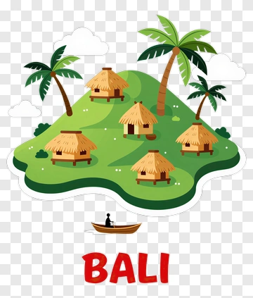 Bali Island With Traditional Huts And Palm Trees PNG