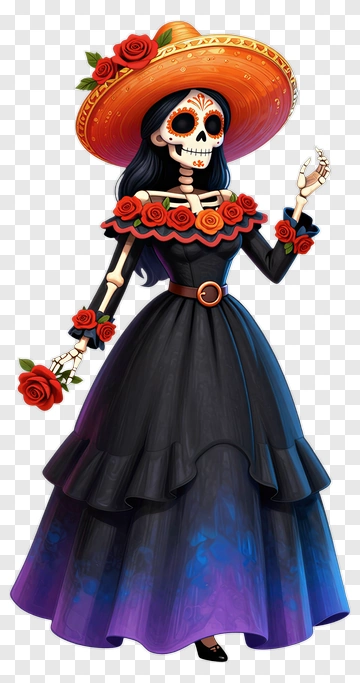 Cartoon Skeleton Woman In A Black Dress With Roses PNG