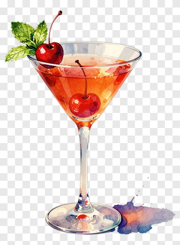 Watercolor Cocktail With Cherries And Mint PNG
