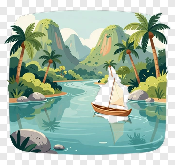 Serene Landscape With A Sailboat In A Tropical River PNG