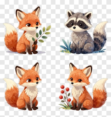 Cute Cartoon Foxes And Raccoon PNG