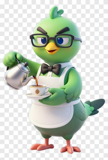 Cartoon Bird Waiter Serving Tea PNG