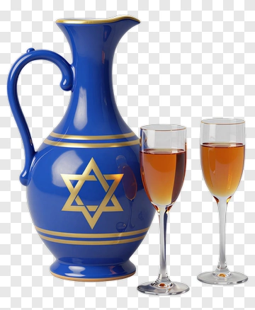 Blue Pitcher With Star Of David And Two Wine Glasses PNG