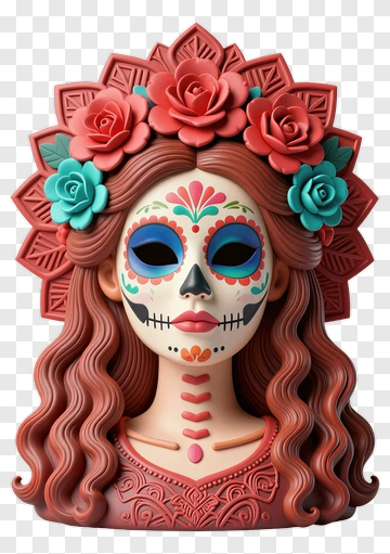 Colorful Sugar Skull With Flowers PNG