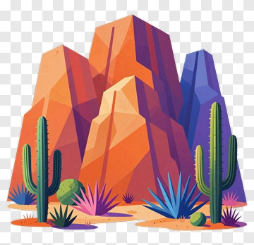 Desert Landscape With Cacti And Mountains PNG