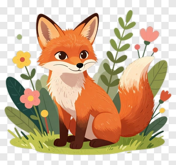 Cartoon Fox Sitting In A Flower Garden PNG