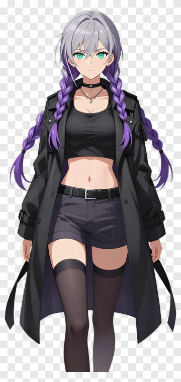 Anime Character With Purple Braids And Black Outfit PNG