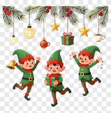Happy Christmas Elves Celebrating With Gifts PNG
