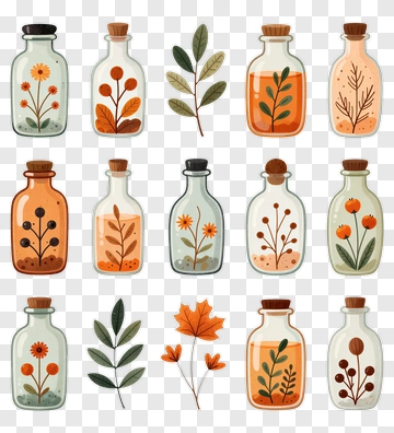 Collection Of Decorative Bottles With Flowers And Leaves PNG