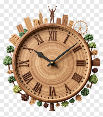 Wooden Clock Surrounded By Cityscape And Trees PNG