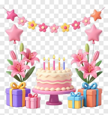 Birthday Cake Surrounded By Flowers And Gifts PNG