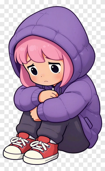Sad Cartoon Girl Sitting In A Purple Hoodie PNG