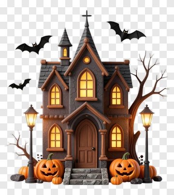 Halloween Haunted House With Pumpkins And Bats PNG