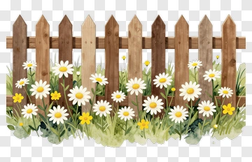 Wooden Fence With Daisies And Grass PNG