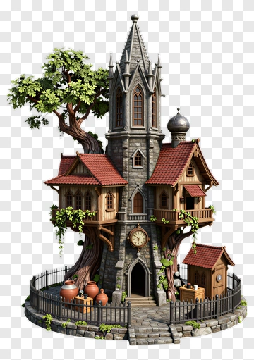 3D Treehouse With Clock And Surrounding Fence PNG