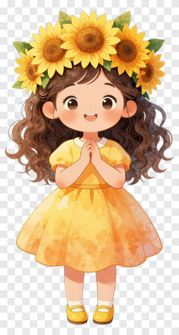 Cartoon Girl In Yellow Dress With Sunflower Crown PNG