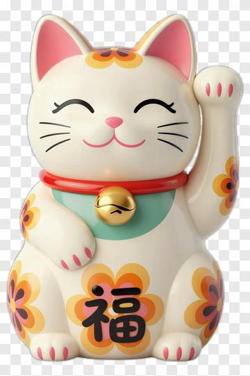 Lucky Cat Figurine With Floral Design PNG