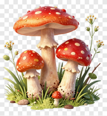 Colorful Mushroom Group In A Garden PNG