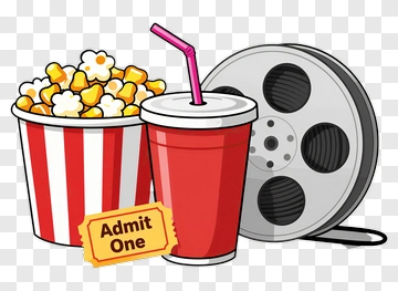 Movie Snack Combo With Popcorn, Drink, And Film Reel PNG