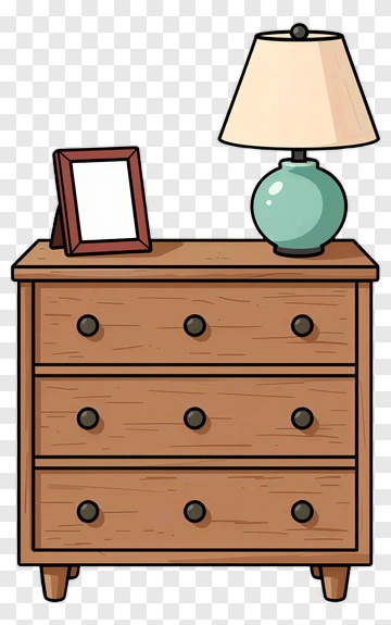Wooden Drawer Chest With Lamp And Picture Frame PNG