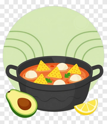 Cartoon Soup Pot With Tortilla Chips And Avocado PNG