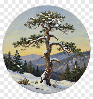 Snowy Pine Tree In A Mountain Landscape PNG