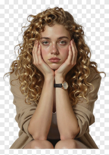 Woman With Curly Hair Resting Her Chin On Her Hands PNG