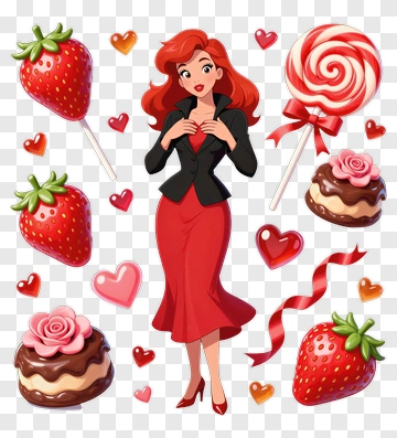 Cartoon Woman In A Red Dress Surrounded By Sweets PNG