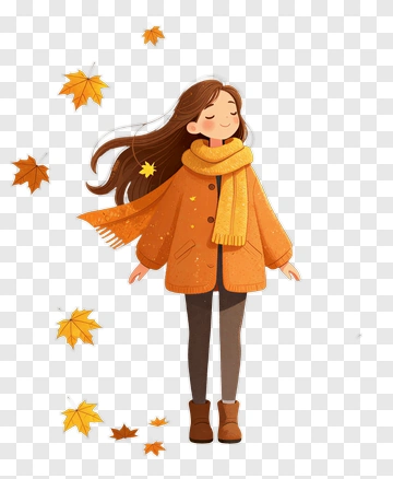 Cartoon Girl In An Orange Coat With Falling Leaves PNG