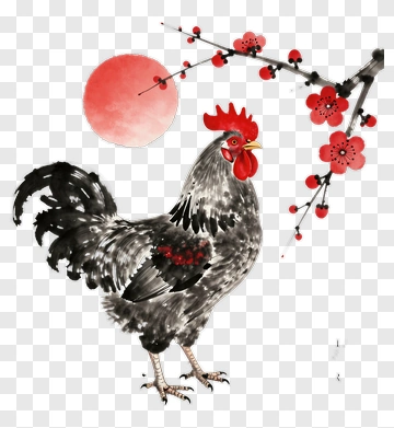 Black Rooster With Cherry Blossoms And Red Sun PNG