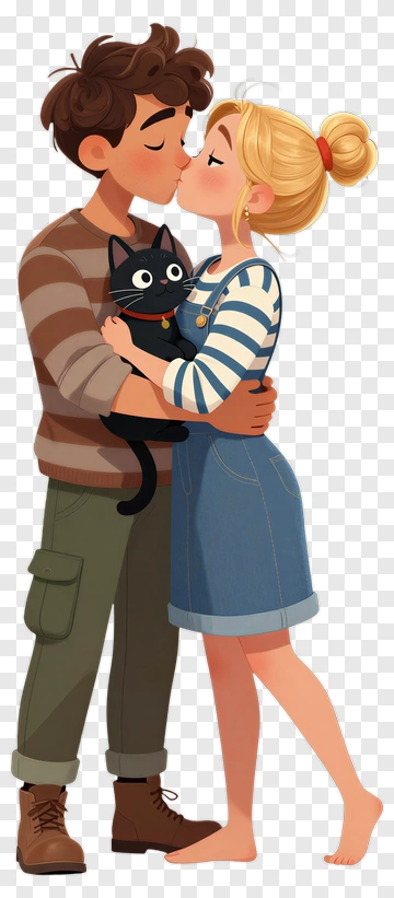 Couple Kissing While Holding A Black Cat PNG