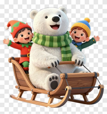 Cartoon Polar Bear Riding A Sleigh With Children PNG