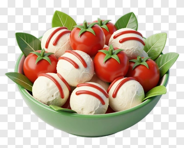 Bowl Of Ice Cream With Tomatoes And Leaves PNG