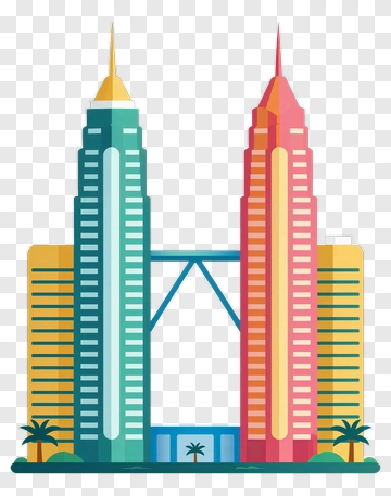 Colorful Twin Skyscrapers With Palm Trees PNG