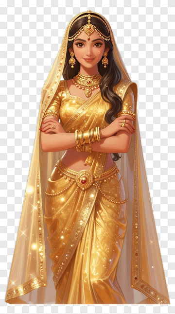 Elegant Woman In Gold Traditional Attire PNG