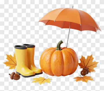 Colorful Pumpkin With Umbrella And Rain Boots PNG