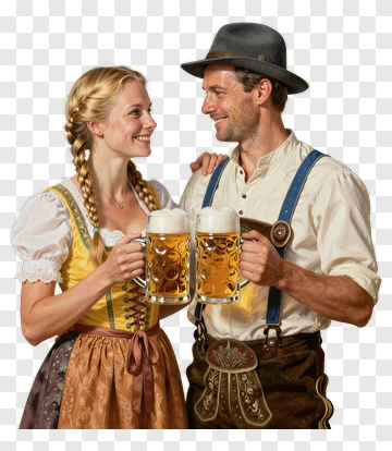 Couple Holding Beer Mugs In Traditional Attire PNG