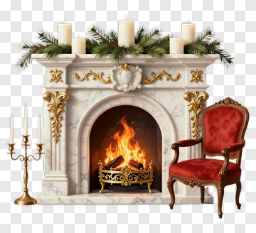 Elegant Fireplace With Candles And A Red Chair PNG