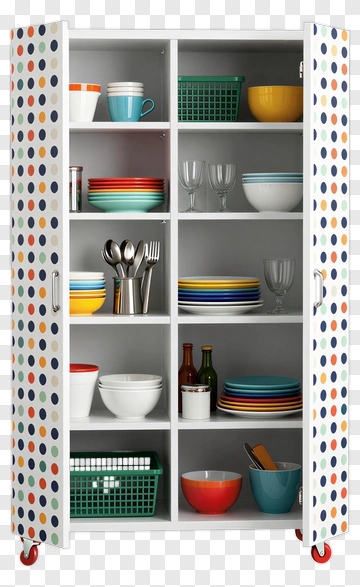 Colorful Kitchen Storage Cabinet With Dishes And Glassware PNG