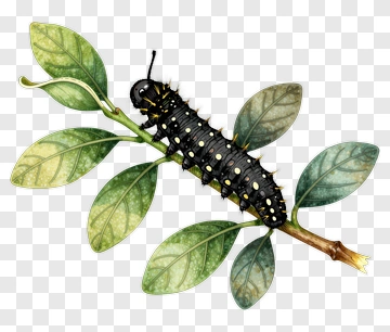 Caterpillar On A Green Leaf Branch PNG