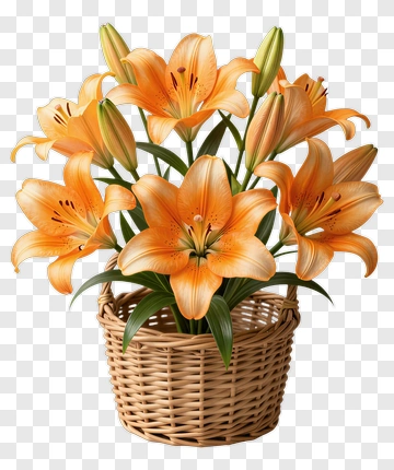 Orange Lily Bouquet In A Woven Basket PNG