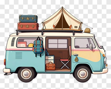 Cartoon Camping Van With Luggage And Tent PNG