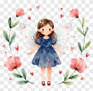Cartoon Fairy Girl Surrounded By Flowers PNG